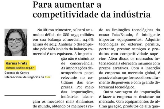 Competitividade da indústria é tema de artigo de Karina Frota no jornal O  Povo - Sistema FIEC - Federação das Indústrias do Estado do Ceará